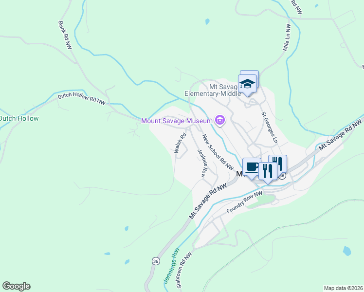 map of restaurants, bars, coffee shops, grocery stores, and more near 12816 Walsh Road Northwest in Mount Savage