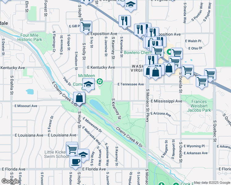 map of restaurants, bars, coffee shops, grocery stores, and more near 1050 South Kearney Street in Denver