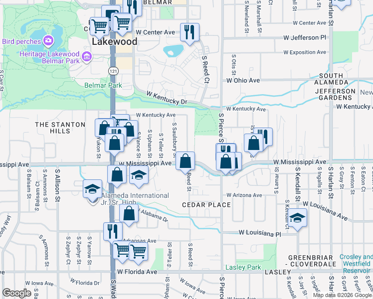 map of restaurants, bars, coffee shops, grocery stores, and more near 1054 South Reed Street in Lakewood