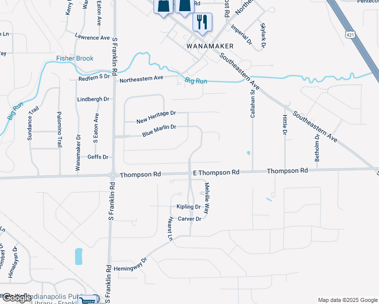 map of restaurants, bars, coffee shops, grocery stores, and more near 4934 Black Marlin Drive in Indianapolis
