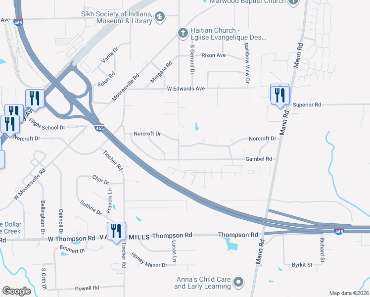 map of restaurants, bars, coffee shops, grocery stores, and more near 5227 Norcroft Drive in Indianapolis