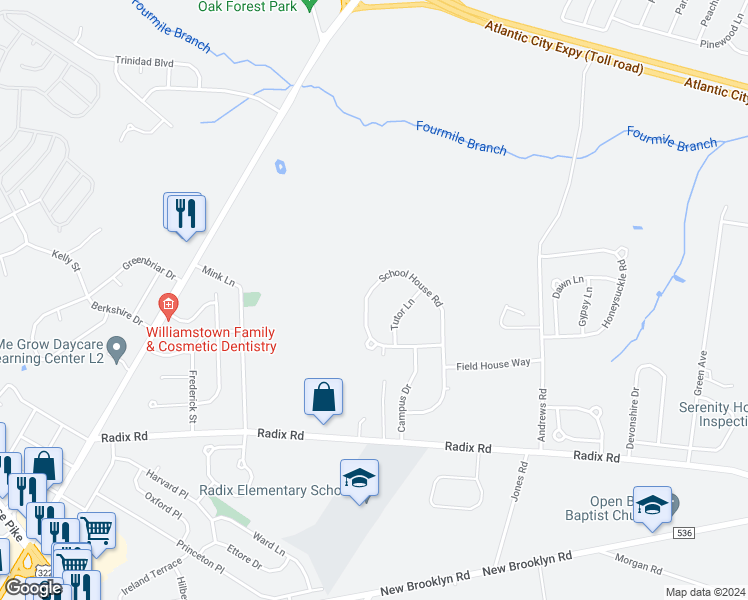 map of restaurants, bars, coffee shops, grocery stores, and more near 549 School House Road in Monroe Township