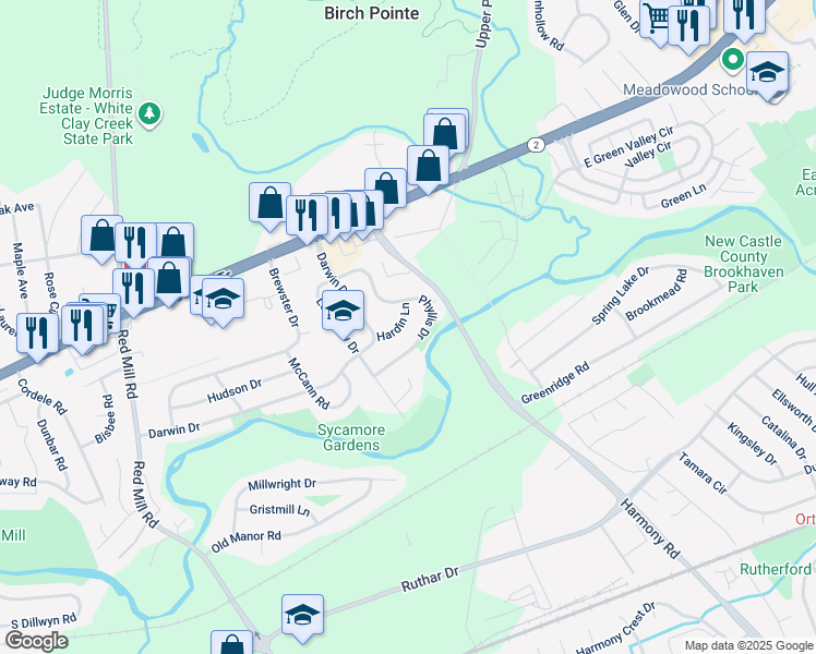 map of restaurants, bars, coffee shops, grocery stores, and more near 107 Phyllis Drive in Newark