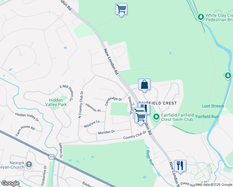 map of restaurants, bars, coffee shops, grocery stores, and more near 4 Fairfield Drive in Newark