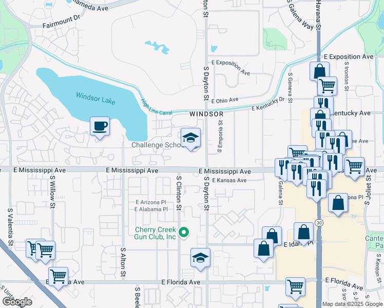 map of restaurants, bars, coffee shops, grocery stores, and more near 9659 East Mississippi Avenue in Denver