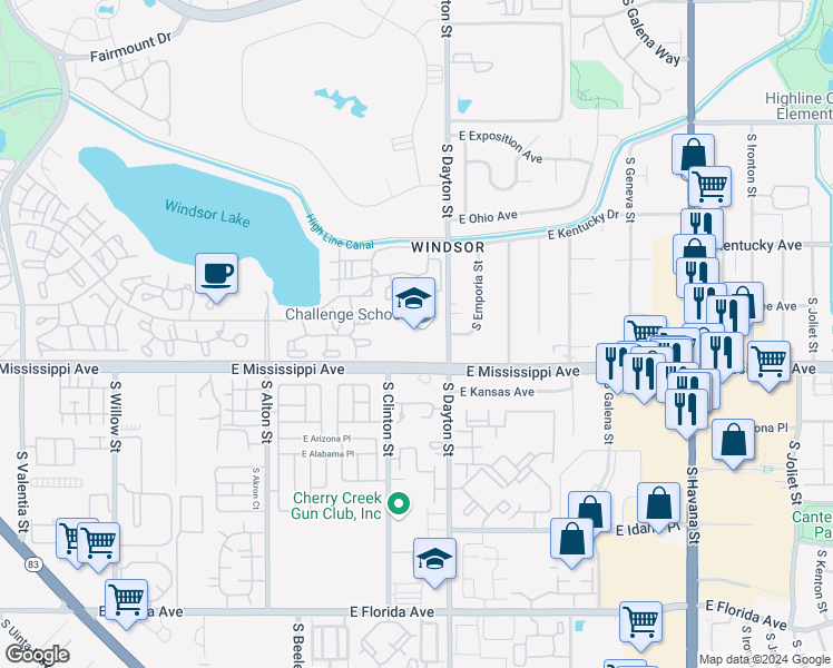 map of restaurants, bars, coffee shops, grocery stores, and more near 9659 East Mississippi Avenue in Denver