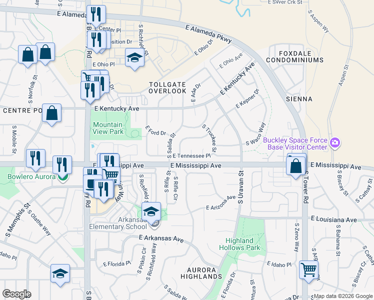 map of restaurants, bars, coffee shops, grocery stores, and more near 17611 East Tennessee Place in Aurora