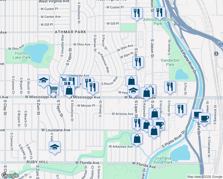 map of restaurants, bars, coffee shops, grocery stores, and more near 1501 West Hoye Place in Denver