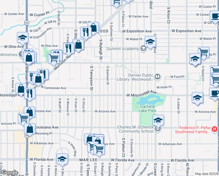 map of restaurants, bars, coffee shops, grocery stores, and more near 1057 South Perry Street in Denver