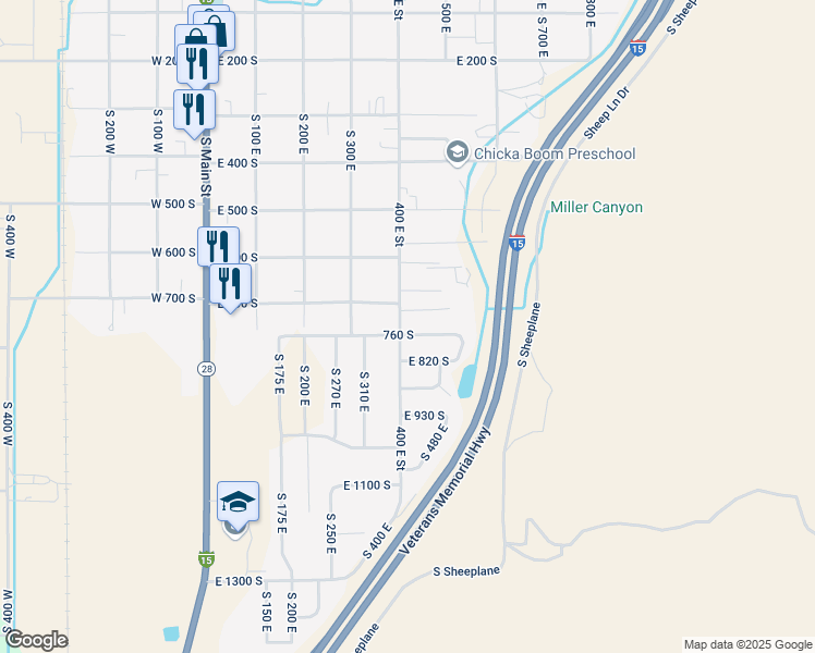 map of restaurants, bars, coffee shops, grocery stores, and more near 407 East 760 South in Nephi