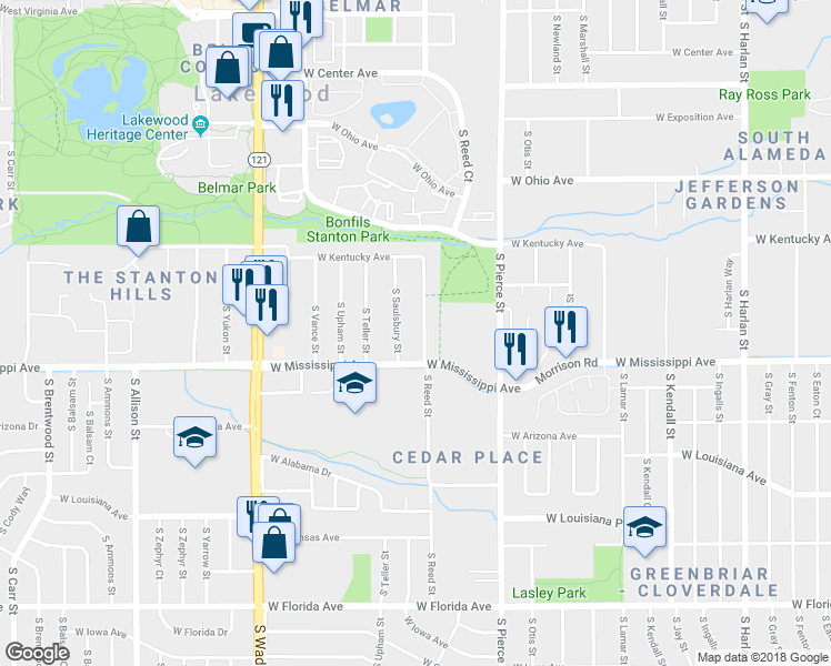 map of restaurants, bars, coffee shops, grocery stores, and more near 1047 South Reed Street in Lakewood