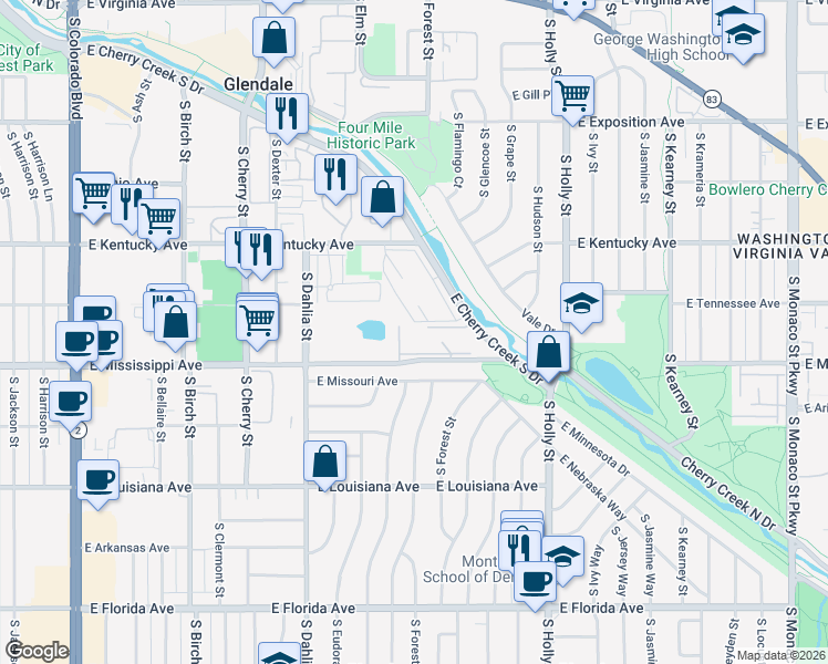 map of restaurants, bars, coffee shops, grocery stores, and more near 1086 South Dahlia Street in Denver