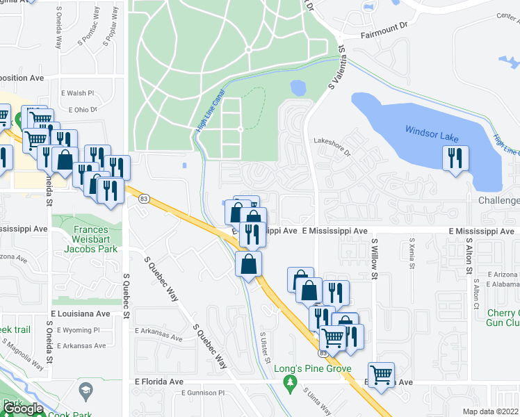 map of restaurants, bars, coffee shops, grocery stores, and more near 7995 East Mississippi Avenue in Denver