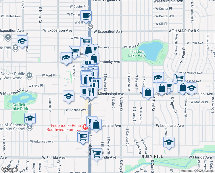 map of restaurants, bars, coffee shops, grocery stores, and more near 1060 South Decatur Street in Denver