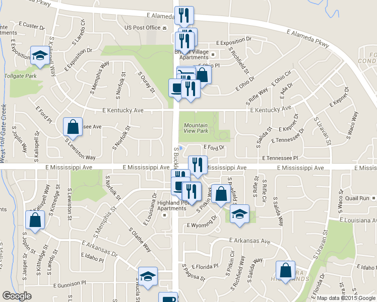 map of restaurants, bars, coffee shops, grocery stores, and more near 17003 East Tennessee Drive in Aurora