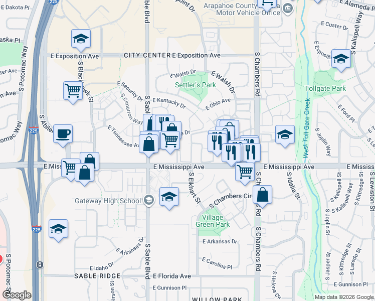 map of restaurants, bars, coffee shops, grocery stores, and more near 1076 South Elkhart Way in Aurora