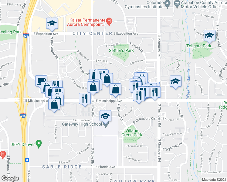map of restaurants, bars, coffee shops, grocery stores, and more near 14593 East Mississippi Avenue in Aurora