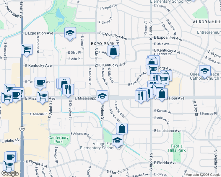 map of restaurants, bars, coffee shops, grocery stores, and more near 1070 South Newark Street in Aurora