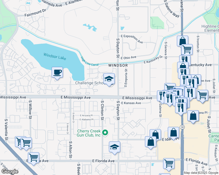 map of restaurants, bars, coffee shops, grocery stores, and more near 9659 East Mississippi Avenue in Denver
