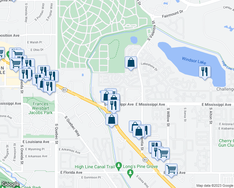 map of restaurants, bars, coffee shops, grocery stores, and more near 7995 East Mississippi Avenue in Denver