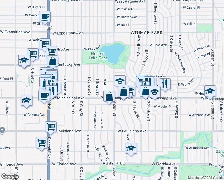 map of restaurants, bars, coffee shops, grocery stores, and more near 2450 West Tennessee Avenue in Denver