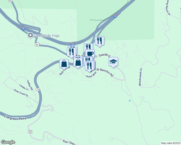 map of restaurants, bars, coffee shops, grocery stores, and more near 29017 Hotel Way in Evergreen
