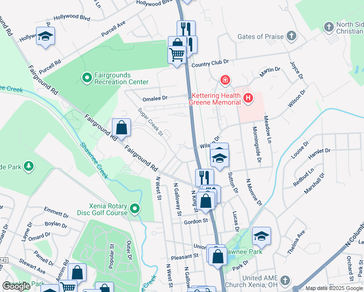map of restaurants, bars, coffee shops, grocery stores, and more near 990 Catherine Street in Xenia