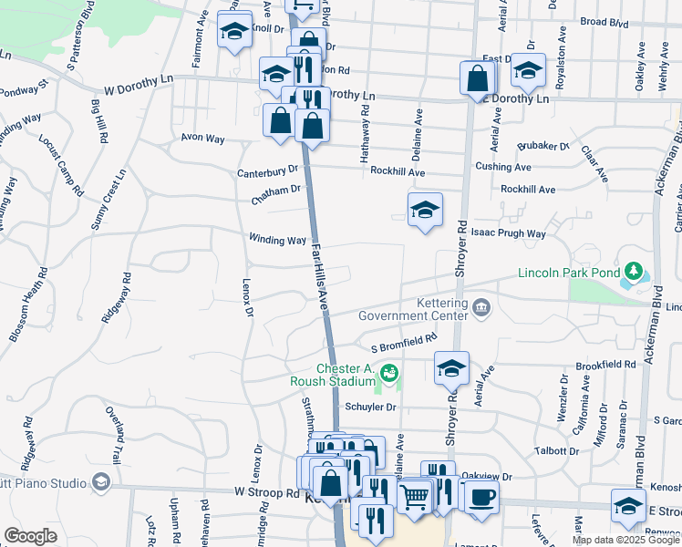 map of restaurants, bars, coffee shops, grocery stores, and more near 141 Lincoln Park Blvd in Dayton