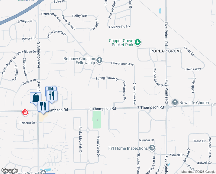 map of restaurants, bars, coffee shops, grocery stores, and more near 4812 Spring Flower Court in Indianapolis