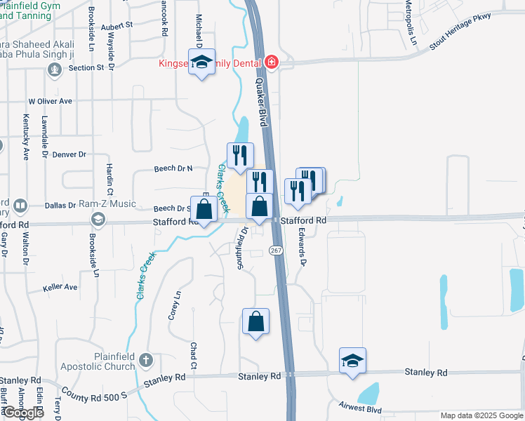 map of restaurants, bars, coffee shops, grocery stores, and more near 2110 Stafford Road in Plainfield