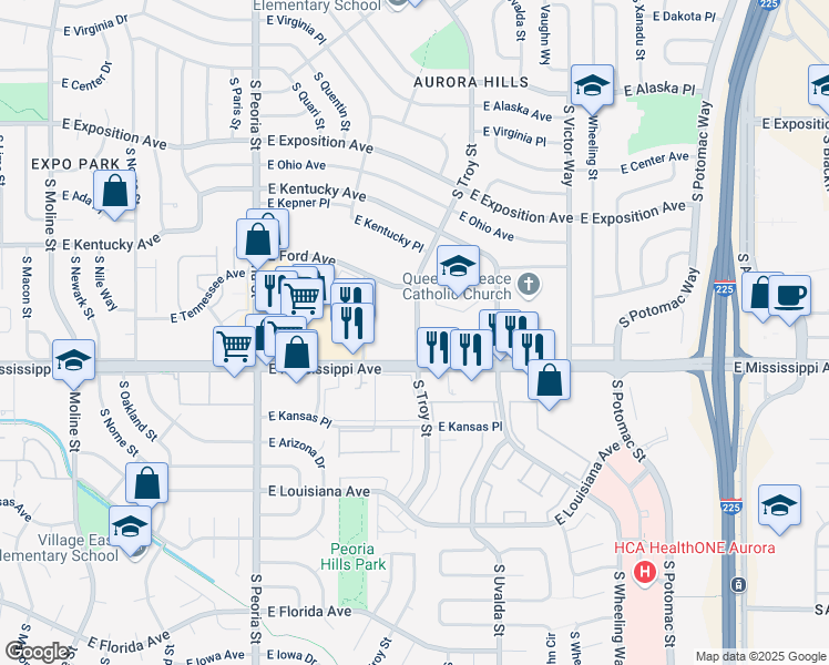 map of restaurants, bars, coffee shops, grocery stores, and more near 1057 South Troy Street in Aurora