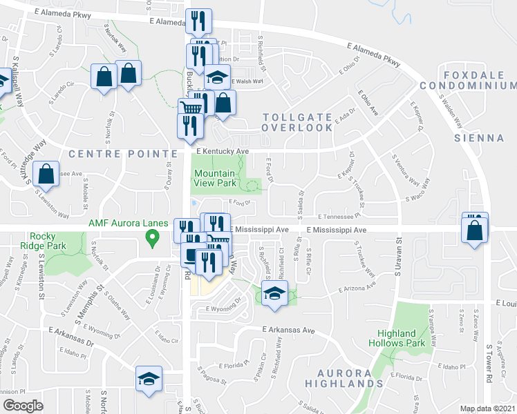 map of restaurants, bars, coffee shops, grocery stores, and more near 17271 East Ford Drive in Aurora