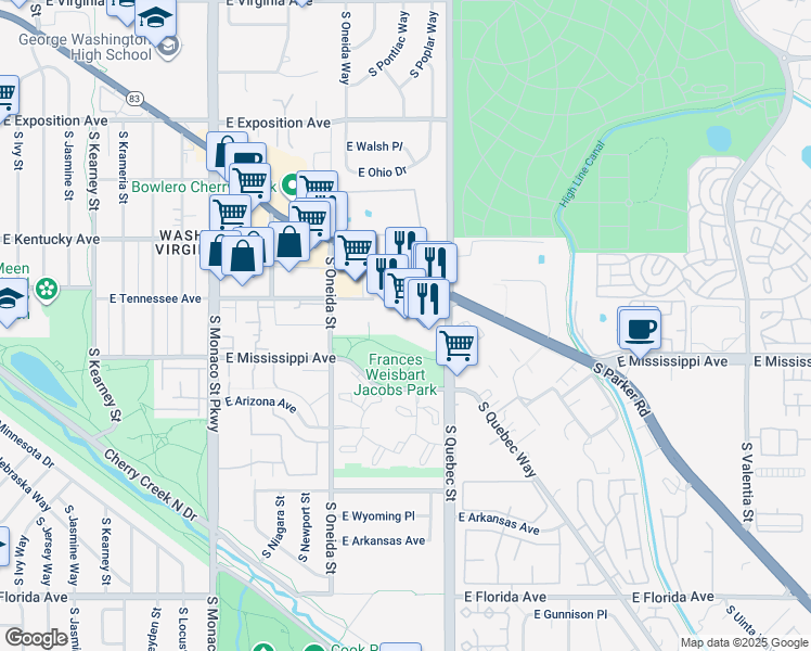map of restaurants, bars, coffee shops, grocery stores, and more near 7150 Leetsdale Drive in Denver