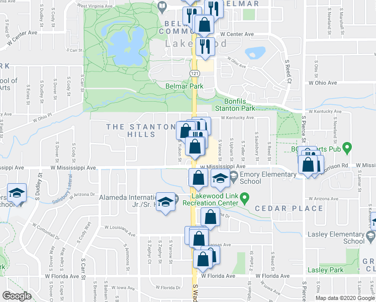 map of restaurants, bars, coffee shops, grocery stores, and more near 7655 West Mississippi Avenue in Lakewood