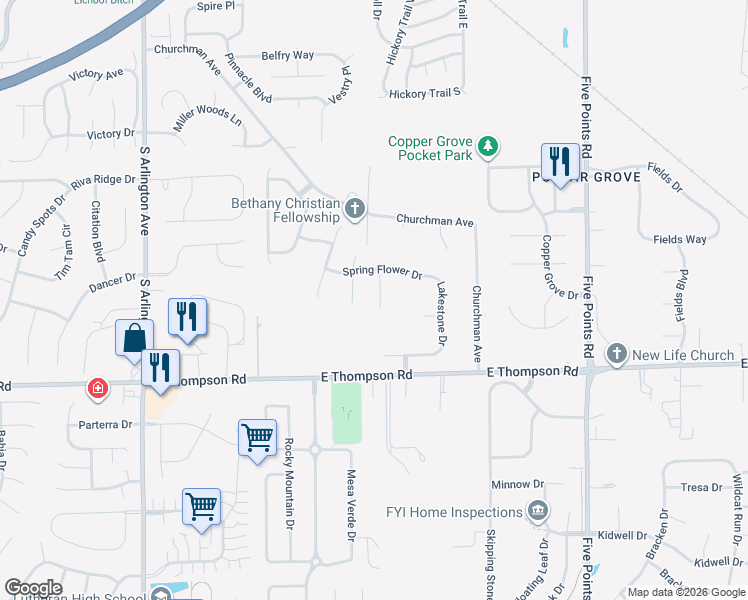 map of restaurants, bars, coffee shops, grocery stores, and more near 4812 Spring Flower Court in Indianapolis