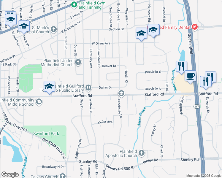 map of restaurants, bars, coffee shops, grocery stores, and more near 1411 Dallas Drive in Plainfield