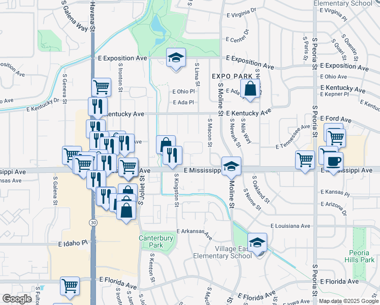 map of restaurants, bars, coffee shops, grocery stores, and more near 11265 East Mississippi Avenue in Aurora