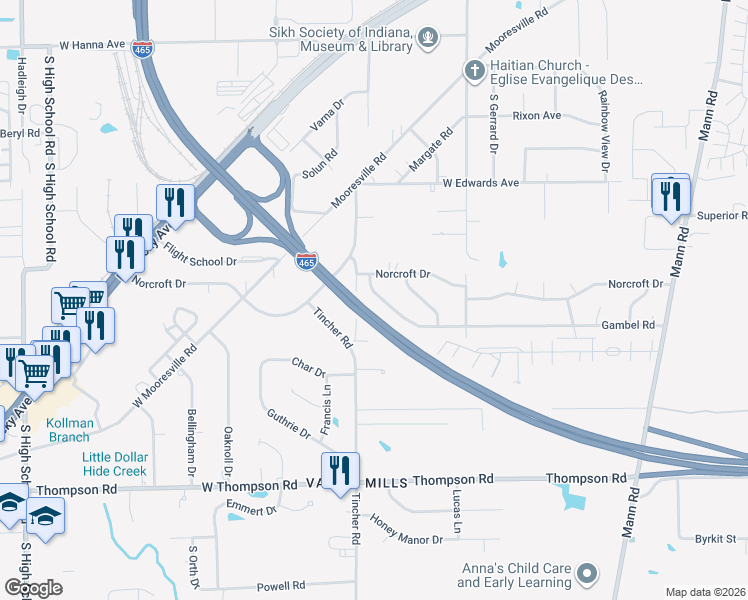 map of restaurants, bars, coffee shops, grocery stores, and more near 5425 Gambel Road in Indianapolis