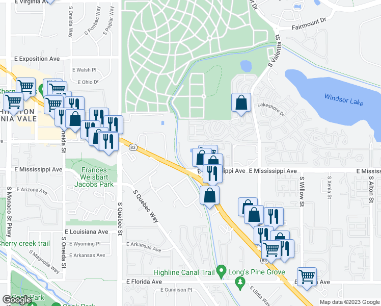 map of restaurants, bars, coffee shops, grocery stores, and more near 7865 East Mississippi Avenue in Denver
