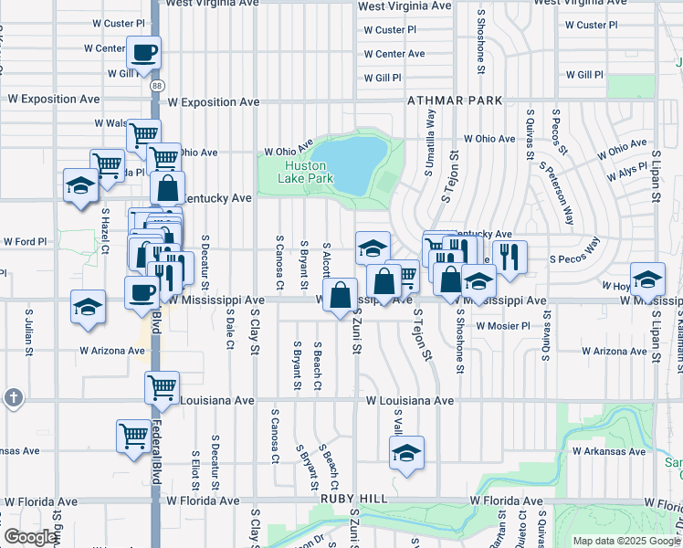 map of restaurants, bars, coffee shops, grocery stores, and more near 2450 West Tennessee Avenue in Denver