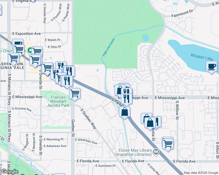 map of restaurants, bars, coffee shops, grocery stores, and more near 7865 East Mississippi Avenue in Denver