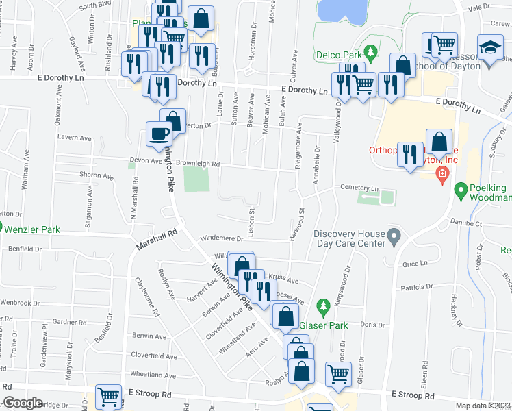 map of restaurants, bars, coffee shops, grocery stores, and more near 1605 Beaver Ridge Drive in Kettering