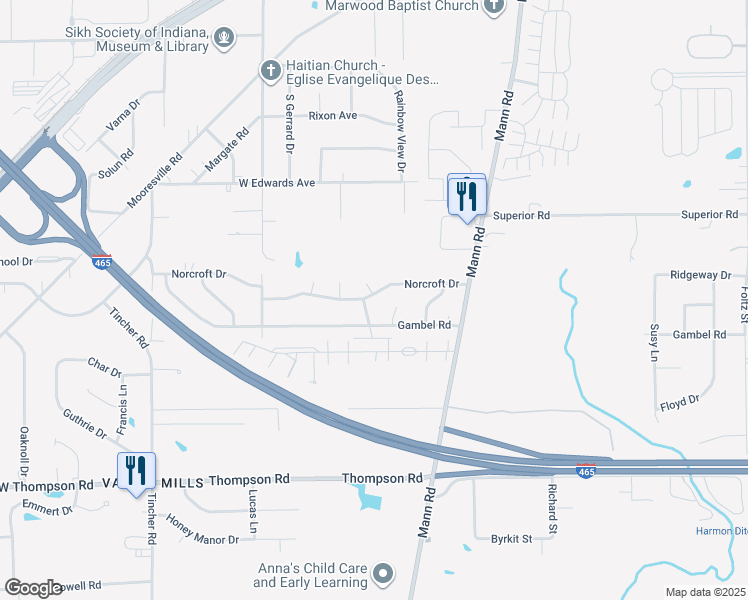 map of restaurants, bars, coffee shops, grocery stores, and more near 4921 Norcroft Drive in Indianapolis