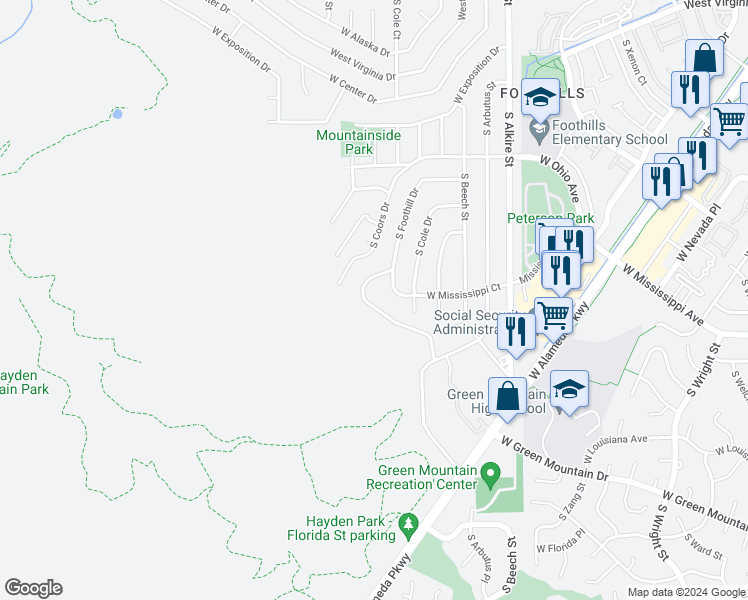 map of restaurants, bars, coffee shops, grocery stores, and more near 1000 South Foothill Drive in Denver