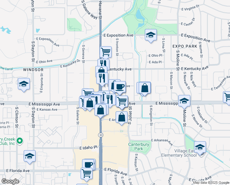 map of restaurants, bars, coffee shops, grocery stores, and more near 1011 South Ironton Street in Aurora