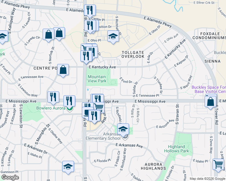 map of restaurants, bars, coffee shops, grocery stores, and more near 17286 East Ford Drive in Aurora