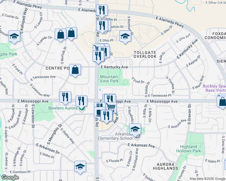 map of restaurants, bars, coffee shops, grocery stores, and more near 961 South Pitkin Court in Aurora