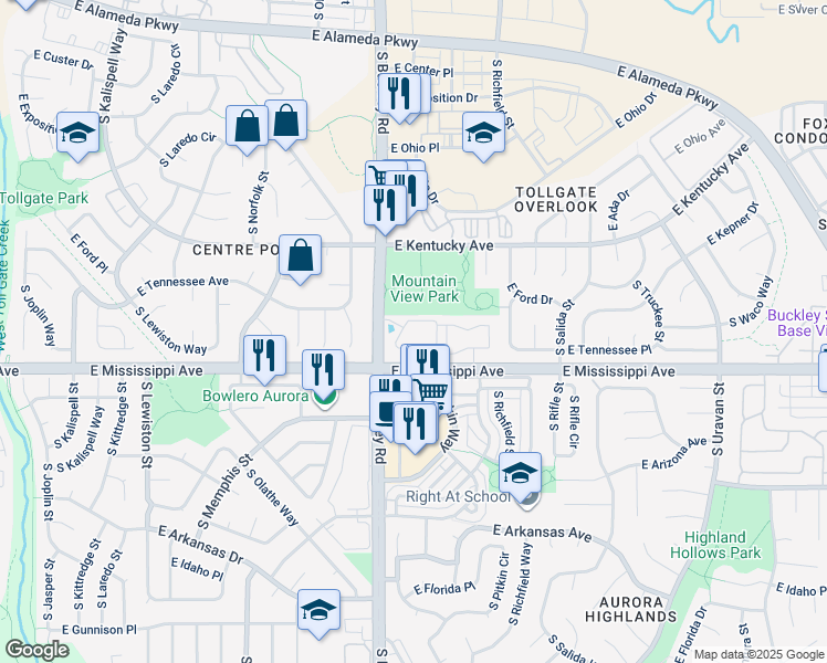 map of restaurants, bars, coffee shops, grocery stores, and more near 17003 East Tennessee Drive in Aurora