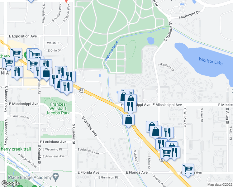 map of restaurants, bars, coffee shops, grocery stores, and more near 7865 East Mississippi Avenue in Denver