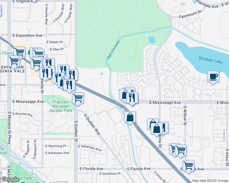 map of restaurants, bars, coffee shops, grocery stores, and more near 7865 East Mississippi Avenue in Denver